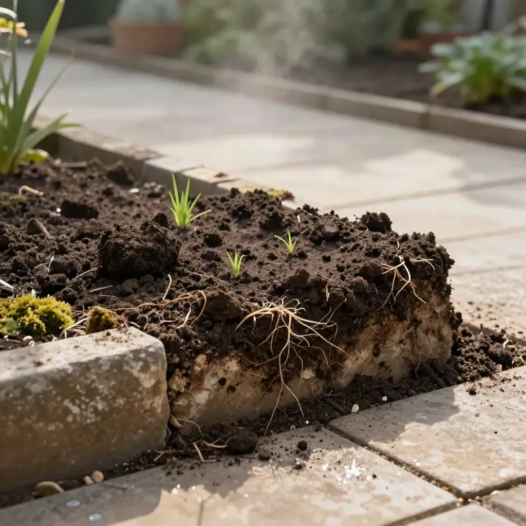 Bordo rialzato con suolo decompattato, compost e ciuffi d’erba nuova in luce calda.
