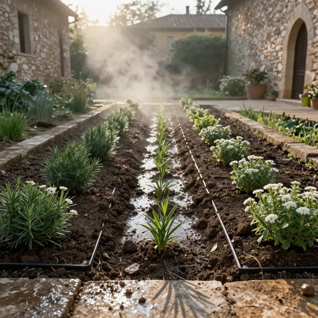 Parterre mediterraneo restaurato dopo la pioggia, terra umida e luce dell’alba in Toscana.