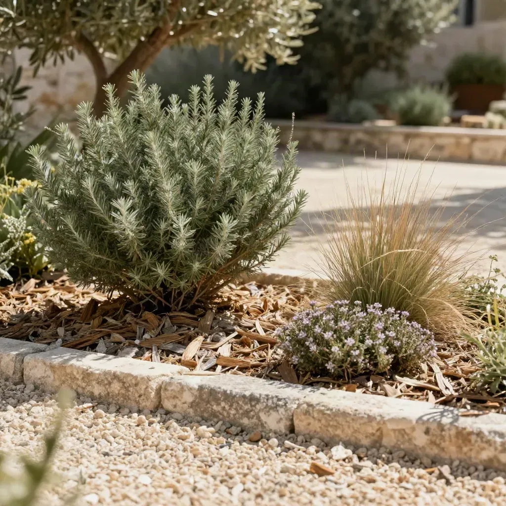 Aiuola di specie autoctone tra ghiaia e corteccia, con rosmarino, cisto, festuca e timo.
