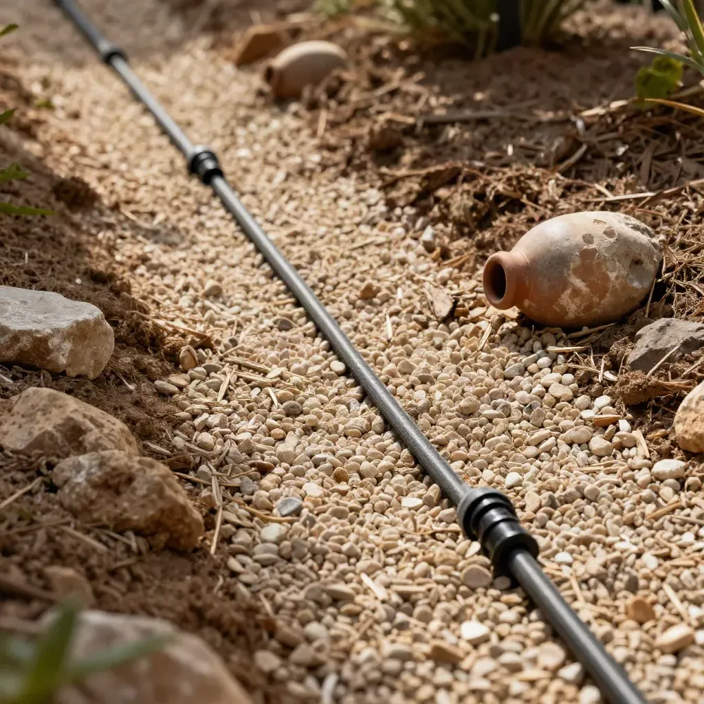 Linea di irrigazione a goccia sotto pacciamatura chiara, con olla e ghiaia asciutta