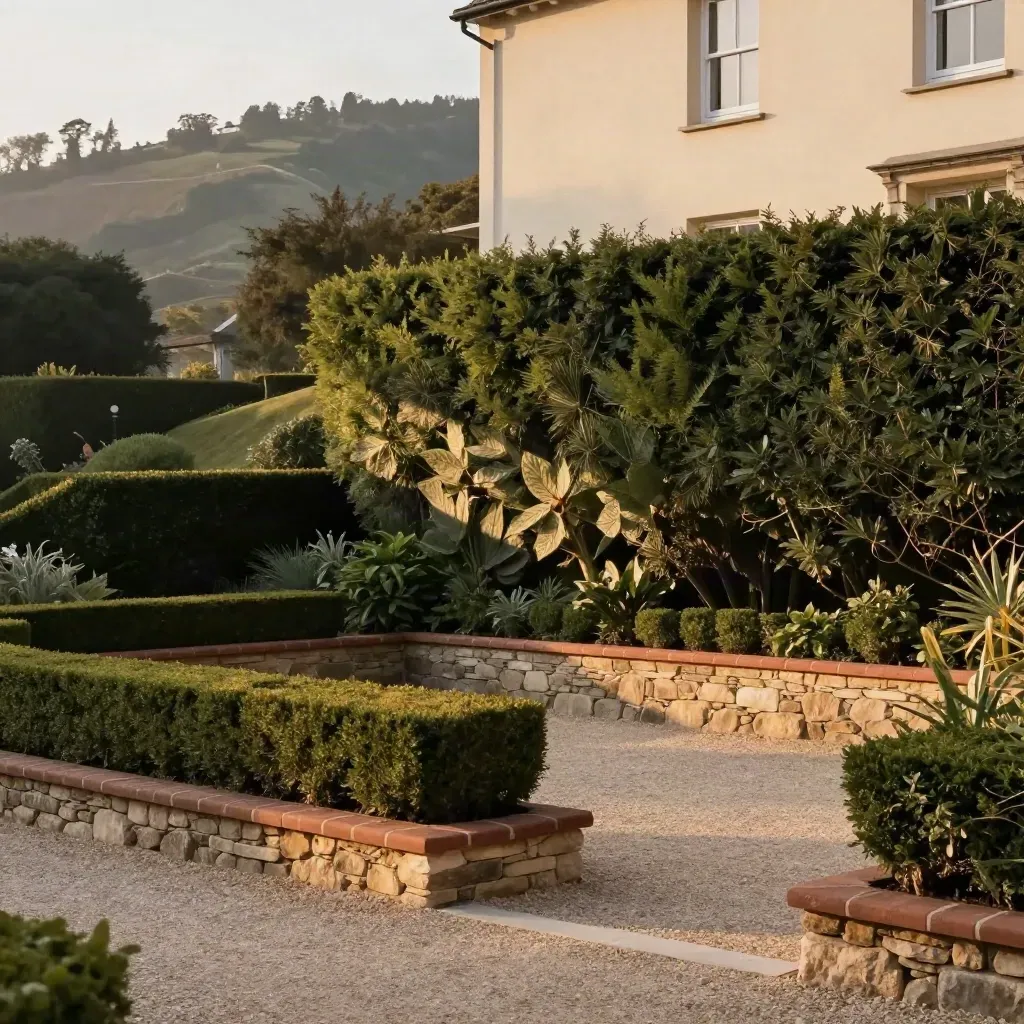 B&B di collina con siepi ordinate, cortile in ghiaia e facciata alta tra il verde