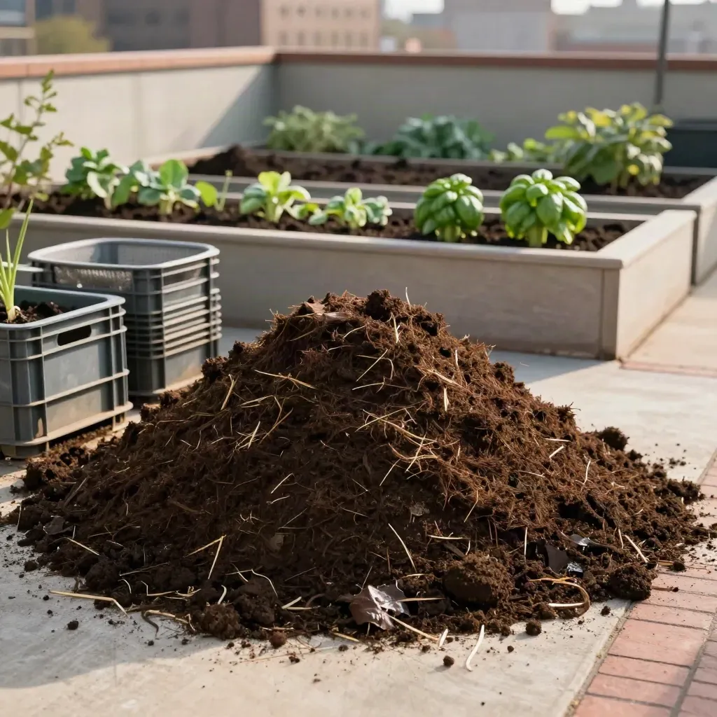 Orto urbano con cumulo di compost, cassette di raccolta e aiuole rialzate di terra scura.