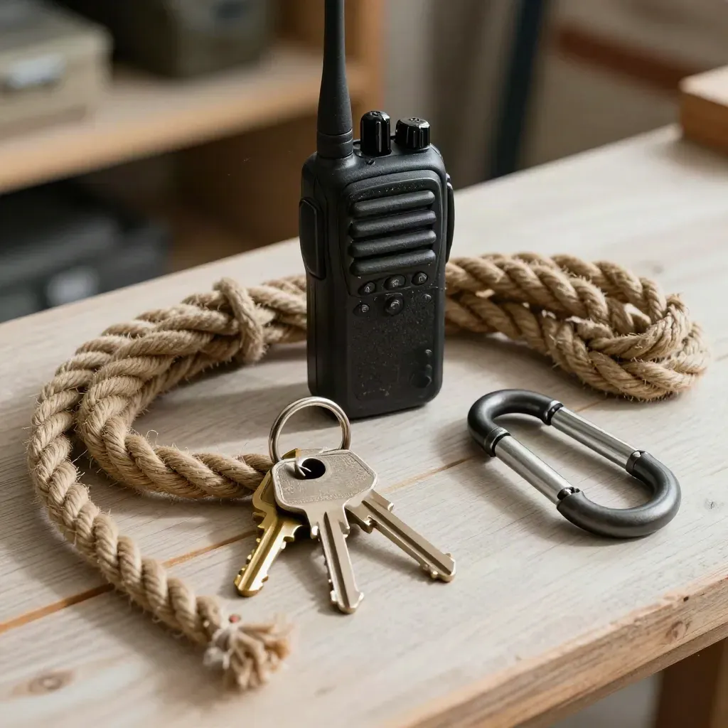 Chiavi, radio e moschettoni su legno chiaro, pronti per la partenza