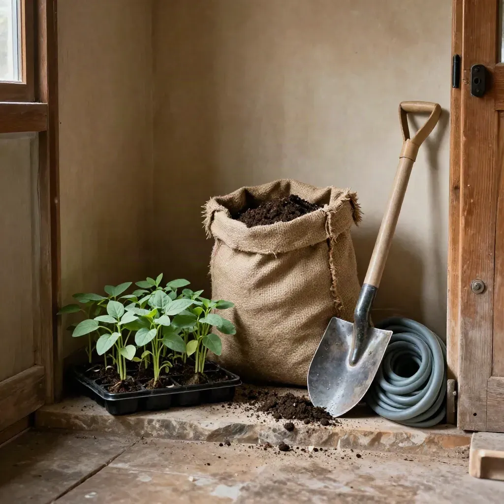 Piantine autoctone, compost, pala e tubo goccia all’ingresso di un capanno