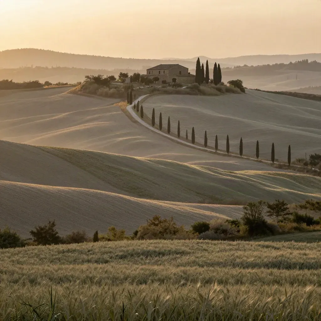 Valle toscana al tramonto con cipressi, casale lontano e colline velate di foschia.